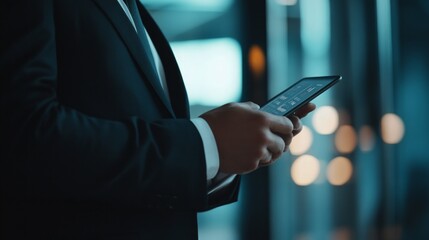 Businessman Analyzing Data on Tablet in Modern Office
