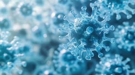 Three-dimensional of a light blue adenovirus with other viral elements