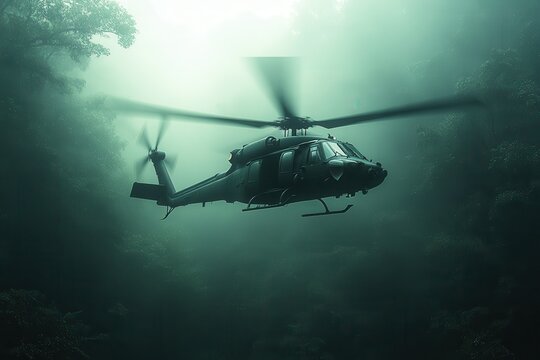 A helicopter is flying over a forest