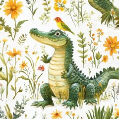 Fototapeta premium A cartoon crocodile is sitting on a flower with a yellow background