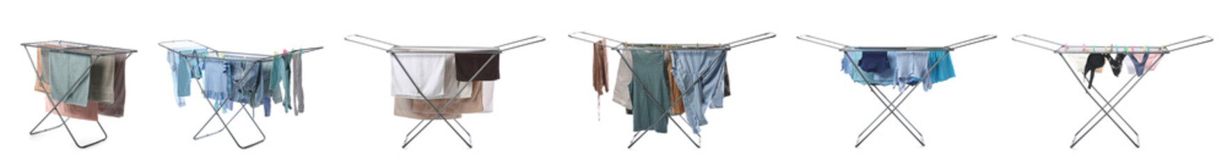 Set of dryers with different clean clothes on white background