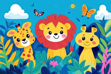 Naklejka premium A cartoon of three animals, a giraffe, a lion, and a bear