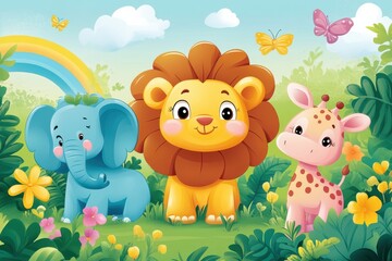 A cartoon of a giraffe, elephant and lion standing in a field with flowers