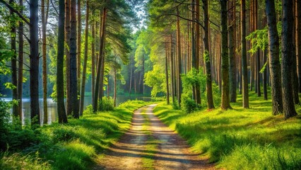 Obraz premium Path in a lush summer forest by Masurian lakes