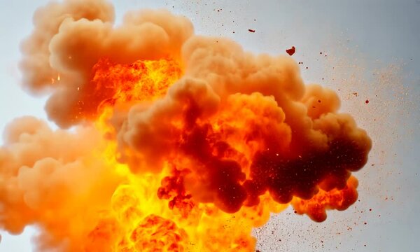 A vibrant explosion of orange and red smoke with debris, conveying energy and intensity.