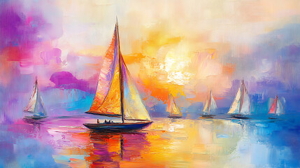 Colorful oil painting on canvas texture. Seascape painting impressionism image with sunlight...