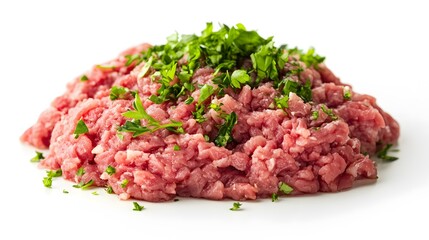 raw minced beef with herb isolated on white background. 