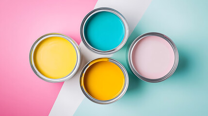 Four open cans of paint on a bright symmetrical background. Yellow, white, pink, turquoise colors.