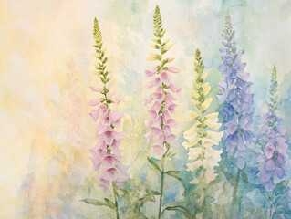 A dreamy watercolor of foxgloves and lupines, their tall spires painted in pastel shades of lavender, pink, and soft yellow