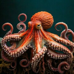Fototapeta premium A large octopus captured up close underwater, showcasing its intricate textures and vibrant colors in a stunning marine environment