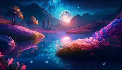 A scene featuring a blue starry sky and a moonlit night, complemented by green trees and glowing fireflies, creating a serene and magical atmosphere