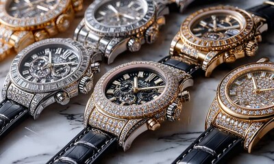 A collection of luxurious, intricately designed watches on a marble surface.