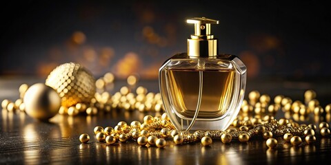 Perfume bottle with gold and black objects in blurry background