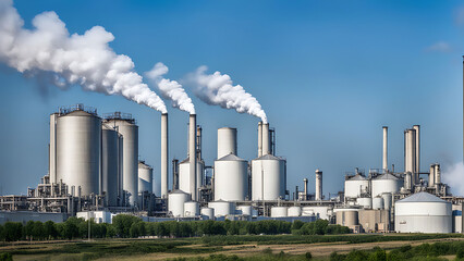 industrial plants and silos in a large industrial area with white polluting smoke rising from chimneys