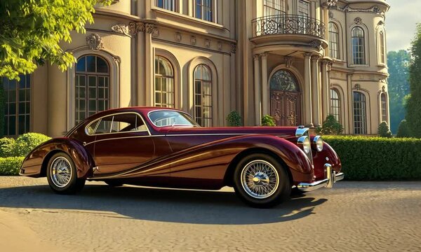 A vintage car parked in front of an elegant mansion, showcasing classic design and luxury.