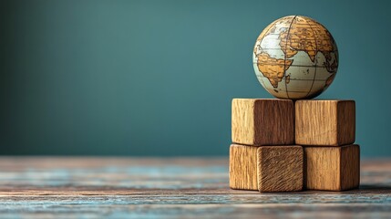 Wooden cubes world globe symbols aligned on a serene blue background representing World Health Day emphasizing global health concepts with a clean and modern design approach