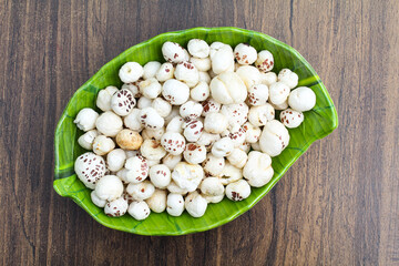 Fox nuts or makhaana in a plate top view 