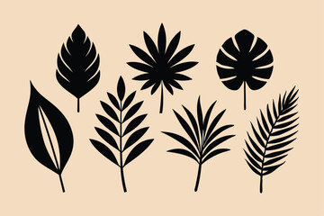 Set of black palm leaves foliage, flat vector illustration