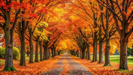 Pathway lined with colorful maple trees in autumn