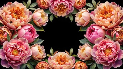 Pattern of peach and pink peonies on black background