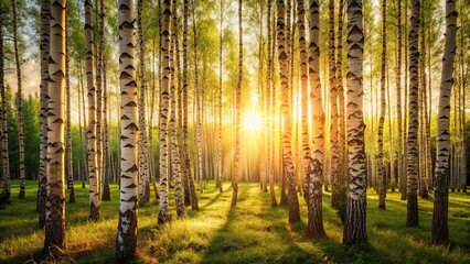 Fototapeta premium Peaceful birch forest with sunlight filtering through