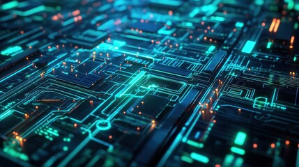 Close-up of a futuristic circuit board with glowing blue and orange lines.