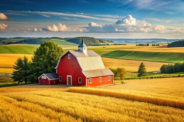 Peaceful farm scene with red barn and golden wheat fields