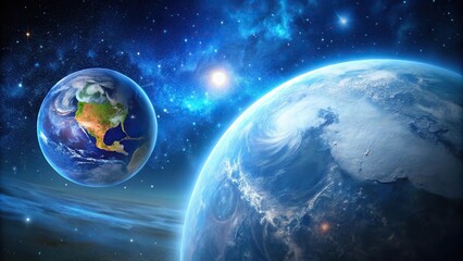 Obraz premium Blue Planet Earth, moon, stars, and sky reflection in water