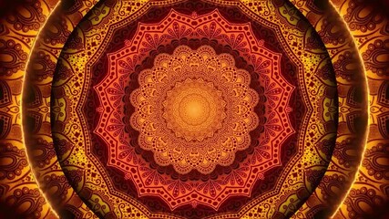 Intricate gold and red mandala pattern with a glowing center.