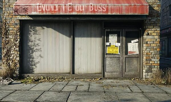 A weathered storefront with a red awning and closed shutters, hinting at past business activity.