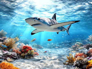 Fototapeta premium A powerful shark swimming gracefully through vibrant coral reefs underwater.