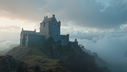 Obraz premium Stone scottish castle on a misty hilltop at sunrise.