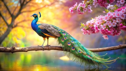 Naklejka premium Peacock perched on branch with vivid flowers background reflected in water