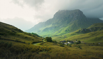 Green scottish valley with rolling hills and misty mountains.
