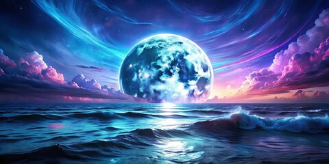 Celestial Orb Illuminates a Dreamlike Seascape, Where Waves Dance Beneath a Canvas of Cosmic Light