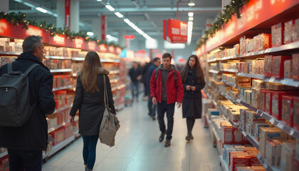 Shoppers browsing supermarket shelves during holiday season.