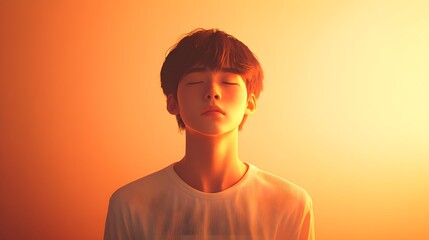A 3D design of a young Asian boy with hollow eyes, wearing a white shirt, standing in an empty room, subtle glow around him, Sadness, Emotional Concept, Mental Health Awareness