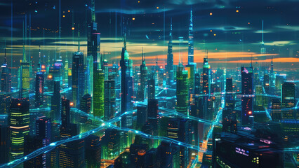 Fototapeta premium Cybernetic Skyline of Tomorrow: A Futuristic Tech-Integrated City