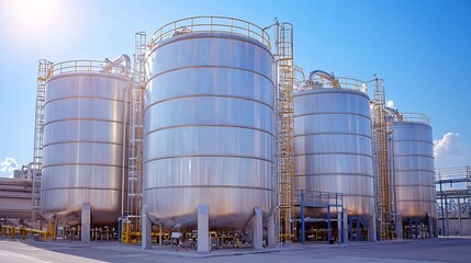 Obraz premium Industrial storage tanks under blue sky a modern infrastructure for liquid management and processing facilities