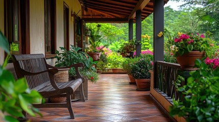 A wooden bench sits on a tiled porch, surrounded by potted plants and a lush green garden in the background.