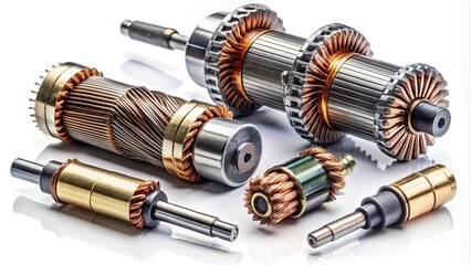 Parts of a high angle DC motor armature including brushes, permanent magnets, and commutator