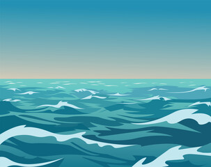 Seascape with sea waves and blue sky Vector illustration.