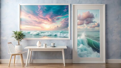 A simple interior design featuring a white table, chair, and two framed photographs of a crashing wave against a backdrop of a colorful sunset and clouds.