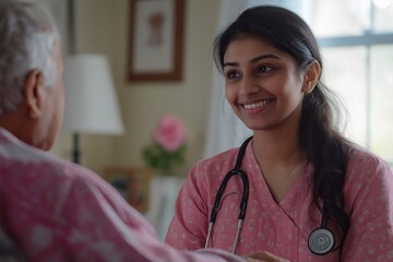 Smiling nurse in pink scrubs providing care and comfort to an elderly patient at home