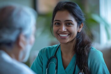 Happy Indian caregiver smiling while offering attentive care to elderly patient during home visit.