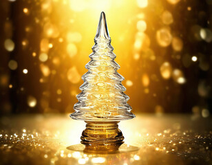 Christmas tree made of transparent glass, golden lights. festive background with bokeh.