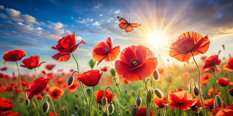 Fototapeta premium A field of vibrant red poppies bathed in the golden rays of the setting sun, with a delicate butterfly soaring through the sky, a testament to the beauty of nature's simple elegance.