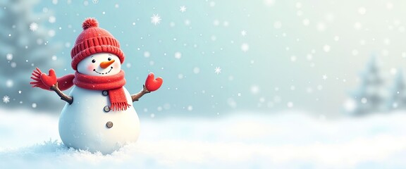 Fototapeta premium Cheerful snowman wishing Happy New Year against light blue snowy background