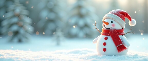 Cheerful snowman wishing Happy New Year against light blue snowy background