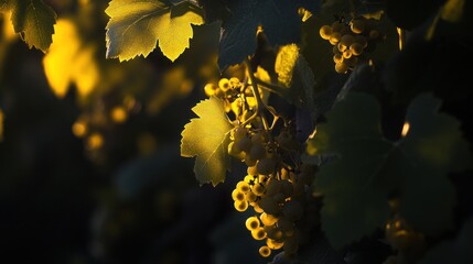 Close-up of ripe white grapes hanging on a vine in golden sunlight, illuminated leaves, dark green background.